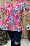 GJQ15837 Fuchsia&teal multi color printed short bell sleeve women tops w/V-neckline