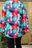 XCH15700 Turquoise/Teal multi color floral printed long sleeve w/elastic cuff women tops