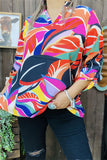 XCH15615 Orange/fuchsia/teal colorful paisley printed 3/4 sleeve w/band  V-neckline women tops