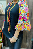 YMY15382 Solid black knitted fabric 3/4 sleeve w/ruffle floral multi color printed women raglan tops