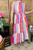 GJQ13495 Multi color striped printed sleeveless maxi dress w/side pockets&waist straps