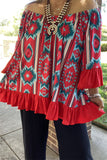 YMY15524 Mint/Turquoise/Red  printed short sleeve w/red ruffle trim&bottom loose neckline women blouse