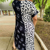 GJQ14562 Half cactus&Leopard black printed short sleeve side slits women dresses