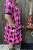 XCH14543 Half pink plaid & Cowboy horse rider black short sleeve dress IS10