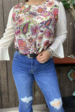 BQ15284 Paisley multi color printed white chiffon/ruffle long sleeve women tops