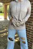 DLH15630 Gray women hoodie w/string &leopard printed front pocket long sleeve tops