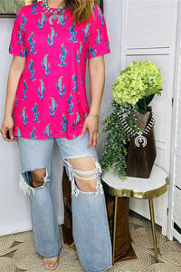 BQ13162  Fuchsia cactus printed short sleeve women tops