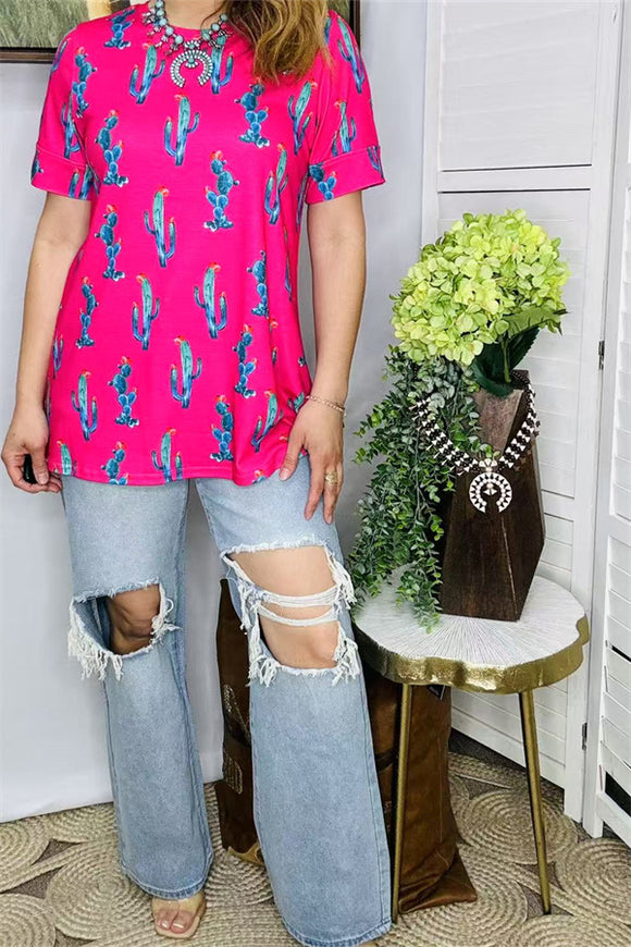 BQ13162  Fuchsia cactus printed short sleeve women tops