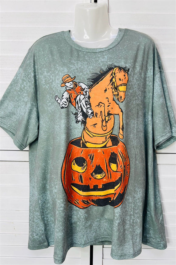 XCH13662 Pumpkin cowboy short sleeve loose women tops for halloween IS4