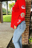 XCH15628 "Merry Christmas"white words printed long sleeve w/sequin Christmas accessories Patches women red tops