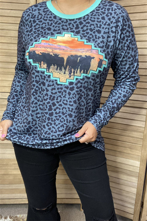 XCH14354 BULL,LEOPARD PRINTED LONG SLEEVE TOP (CS9)