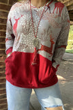 BQ10298 Reindeer & grey printed women top w/front pocket &red block color