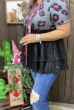 XCH15731 Black/fuchsia leopard printed&black sequin baby doll women tops w/double cuff short sleeve