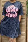 XCH14470 Hat pink graphic printed short sleeve w/side pockets women leopard dresses