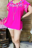 PA15539 Multi color embroidery short sleeve women fuchsia blouse/tops w/string