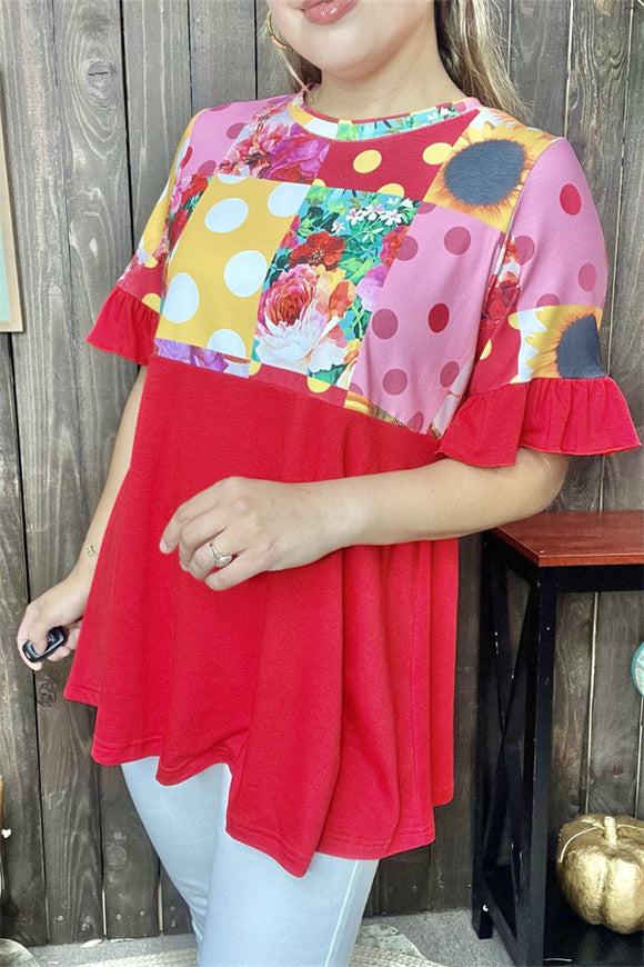 GJQ14884 Floral & dot printed red block color short sleeve w/ruffle baby doll  women top(BS8)