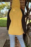 BQ15467 Block yellow&black color knitted fabric hoodie w/string&buttons long sleeve women tops