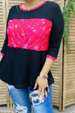 XCH15187 Fuchsia printed black block knitted material 3/4 sleeve loose women blouse