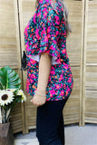 GJQ15596 Fuchsia/turquoise Floral printed double ruffle short sleeve women top