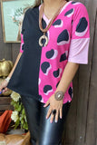 XCH14276 Half black/ pink leopard printed short sleeve drop shoulder women tops (ES1)