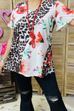 XCH12317 Floral & leopard multi color printed short sleeve women top