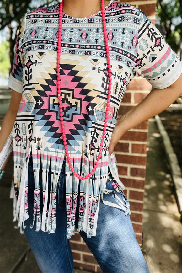 GJQ14187 Aztec printed/long tassels trim women top with short sleeves