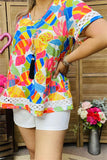 XCH15927 Multi color leaves printed short sleeve women tops w/white lace trim