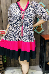 GJQ15746 Leopard printed fuchsia/black solid color short sleeve women dress w/side pockets