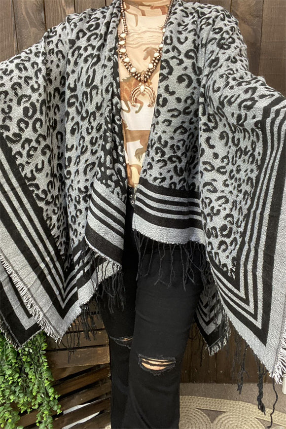 LW11392 Grey & black leopard knitted women shawl w/tassels&fringe