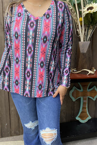 XCH15250 Coral/black graphic multi color printed long sleeve women tops