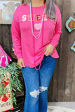 XCH15487 "SWEET"patch embroidery long sleeve pink women top