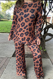 BQ15604 Black&brown leopard printed long sleeve top&pant 2pcs tan women set