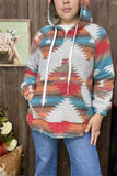 XCH15212 Aztec multi color printed w/string&front pockets long sleeve women sweater/hoodie