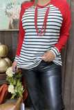 BQ15480 Black/white stripe printed solid red long sleeve women top w/raglan design