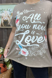 XCH14830 "ALL YOU NEED IS LOVE"words graphic printed tan fabric short sleeve women tops