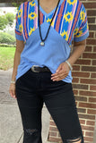 GJQ10633 Blue/yellow/rust red color printed Aztec V-neckline short sleeve women blue tops(DS8)