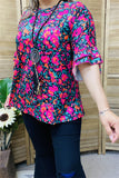 GJQ15596 Fuchsia/turquoise Floral printed double ruffle short sleeve women top