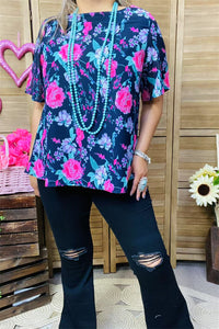 XCH15893 Fuchsia floral multi color printed short sleeve navy women tops