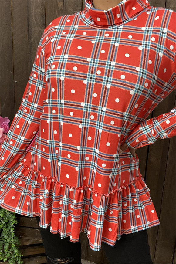 BQ6410 Red plaid mock neck w/ruffle bottom  long sleeve women tunic w/ polka dots print (AS15)