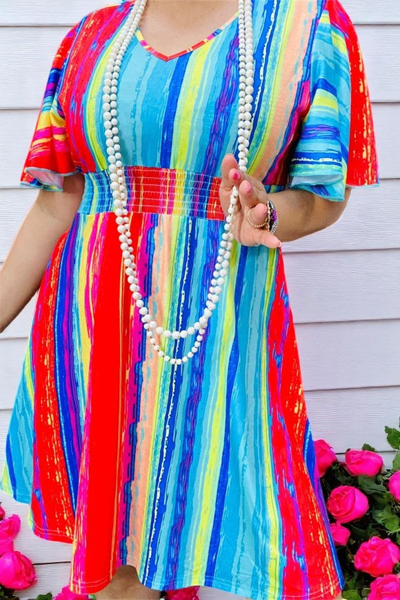 Shop women dress w/Multi color striped & bell short sleeves elastic waist band XCH15181
