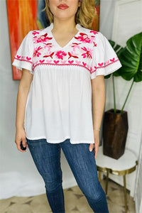 XCH15919 Fuchsia floral multi color embroidery short sleeve V-neckline women white blouse