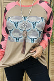 XCH14270 Bull & tan & pink leopard printed raglan sleeve women tops (DS9)