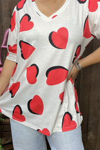 GJQ12512 Red/black heart printed short sleeve w/tighten trim white women top w/v-neckline