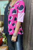 XCH14276 Half black/ pink leopard printed short sleeve drop shoulder women tops (ES1)