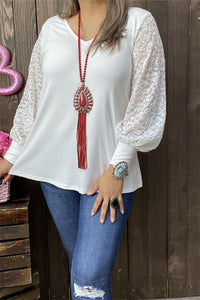 BQ14110-1 White women top w/lace tighten cuff  long sleeves w/v-neckline