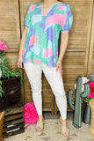 XCH15900 Turquoise&pink&purple multi color printed V-neckline w/colorful trim short sleeve w/tight cuff women tops