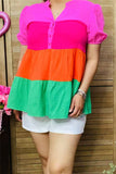 GJQ15876 Pink/orange/fuchsia/green color baby doll women top w/short sleeve &elastic band and buttons