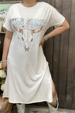 XCH13184  Bull " WILD SPIRIT"printed beige background fabric side slits short sleeve women long dress(AS8)