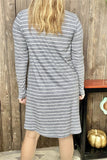 XCH11733 Gray/white striped & floral printed long sleeve w/side pockets women dress (AS1)