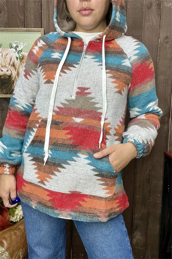 XCH15212 Aztec multi color printed w/string&front pockets long sleeve women sweater/hoodie